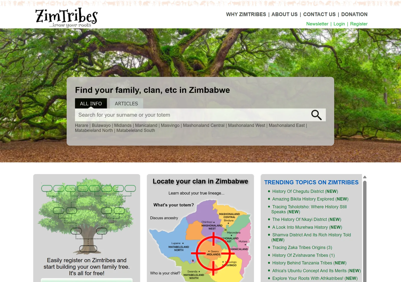 The ZimTribes home page: a search box for surnames and totems over a photograph of a large tree, with a family-tree sign-up panel, a clan map of Zimbabwe and a list of trending history articles.